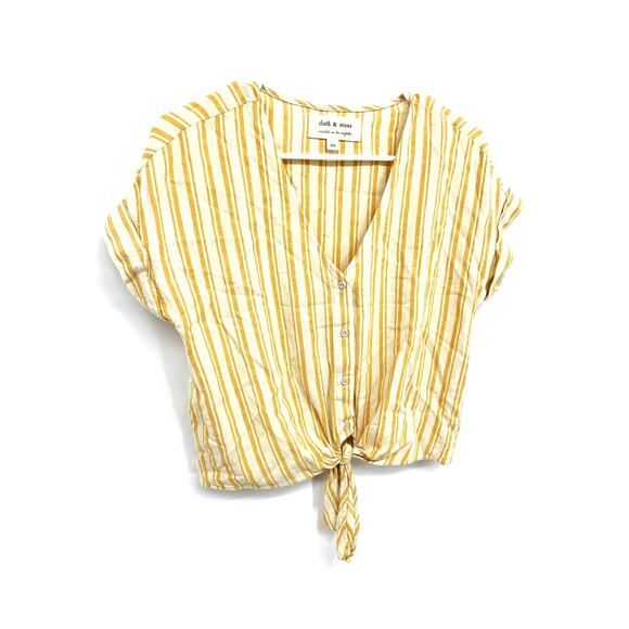 Cloth & Stone Yellow Tie Front Blouse Stripe Button Up Linen Blend Size XS - Picture 2 of 7